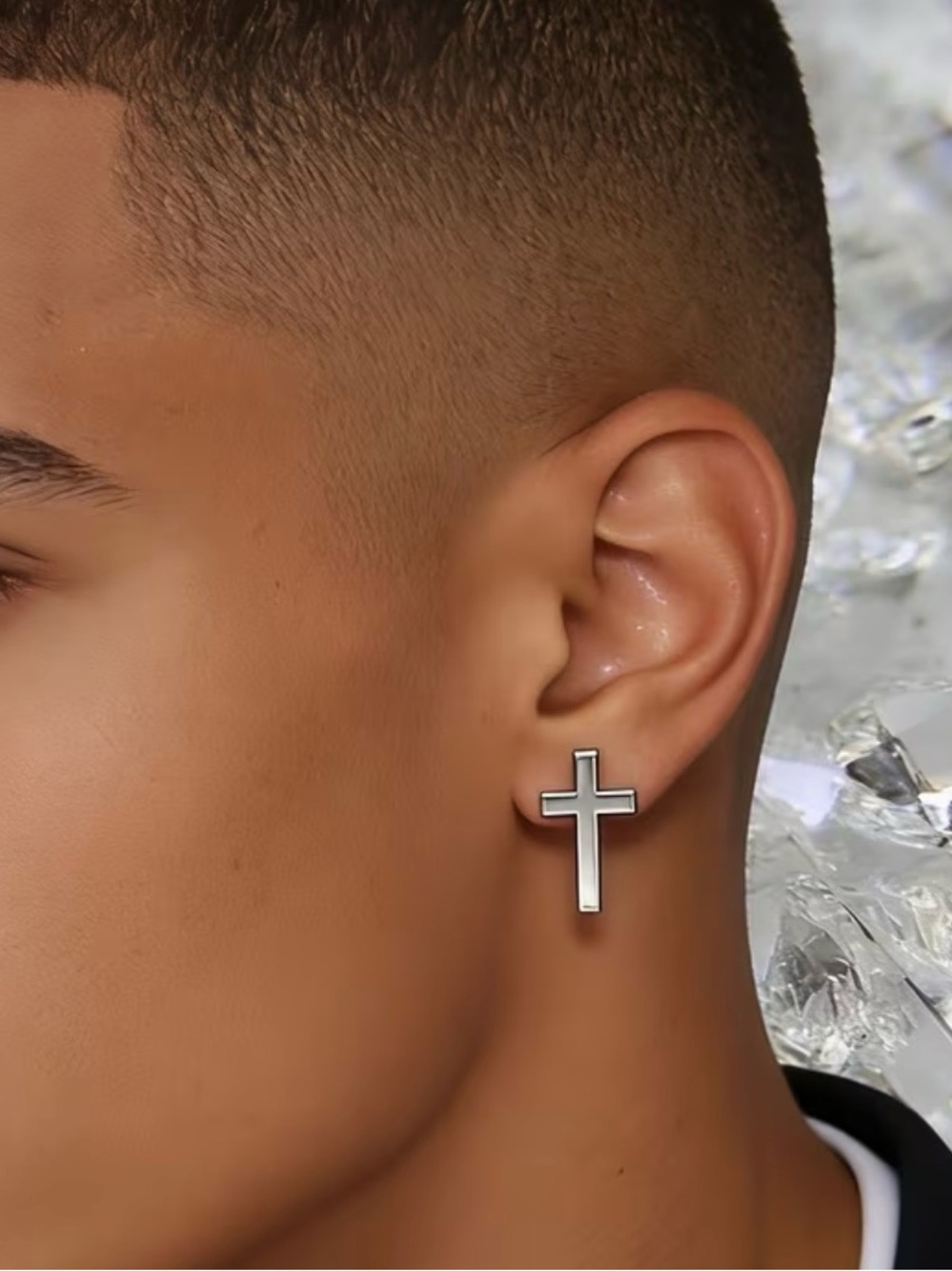 Men's Silver Cross Stud Earring - Classic Religious Design